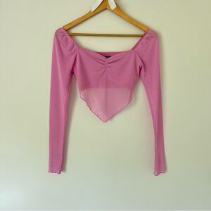 Forever 21 Off-The-Shoulder Pink Mesh Long Sleeve Cropped Going Out Top